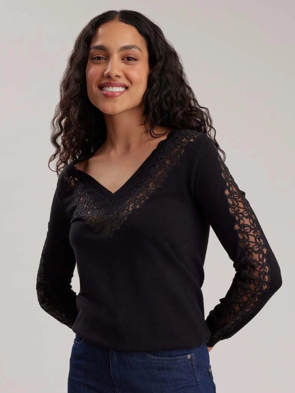 Anne Fontaine Edmee Black V-Neck Sweater with Sheer Floral Lace